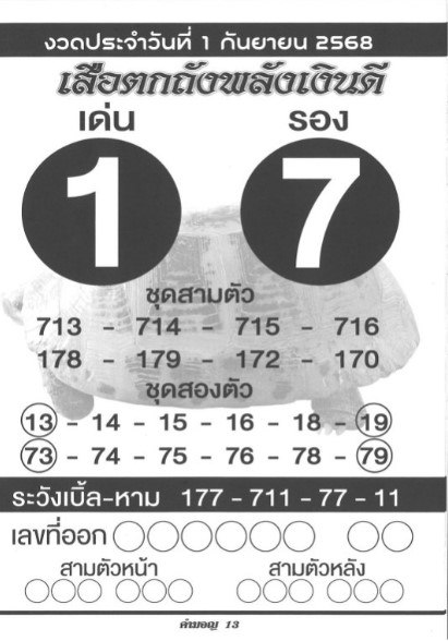หวยเสือตกถังพลังเงินดี 1/9/68