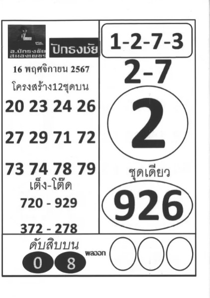 หวยปักธงชัย 16/11/67
