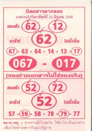 หวยลาภลอย 16/3/68